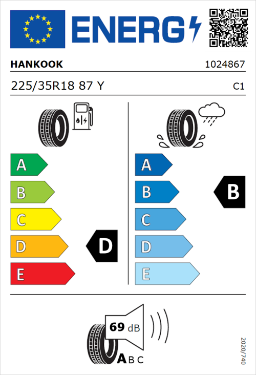 Tyre Label for Hankook K129 Ventus S1 Evo 225/35R18 87Y